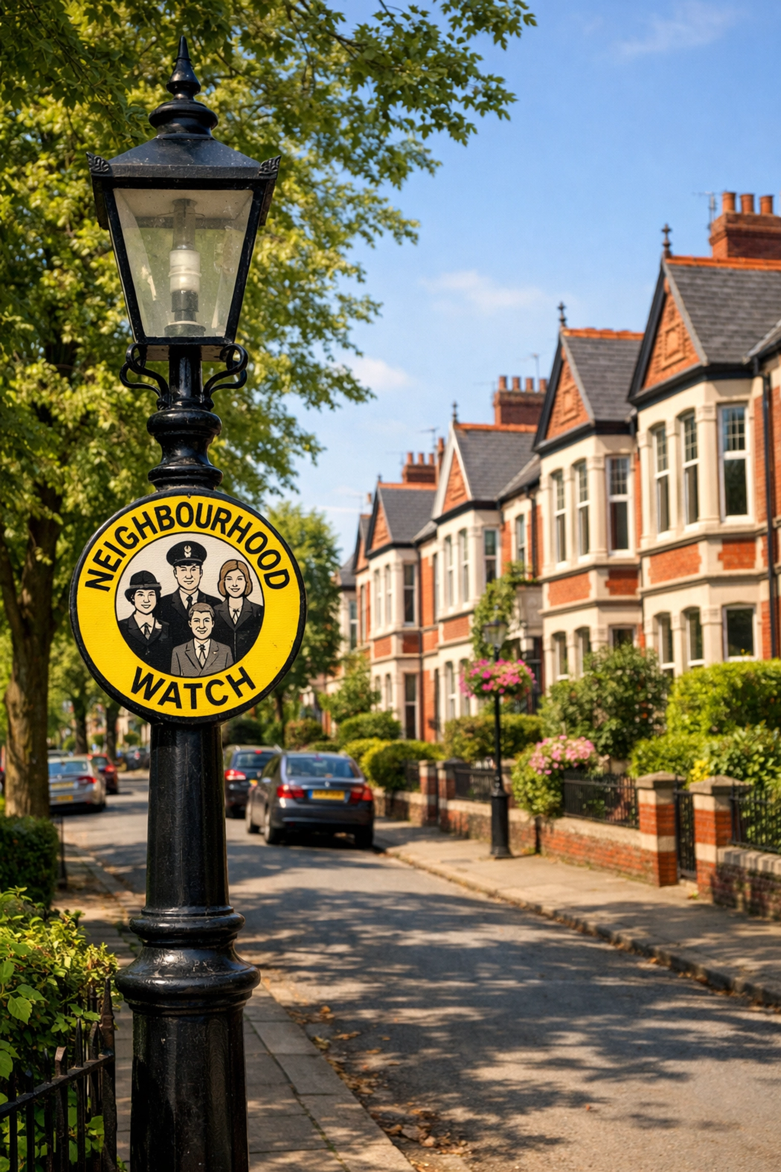 Neighbourhood Watch sign on a Cardiff residential street with traditional Victorian houses.
