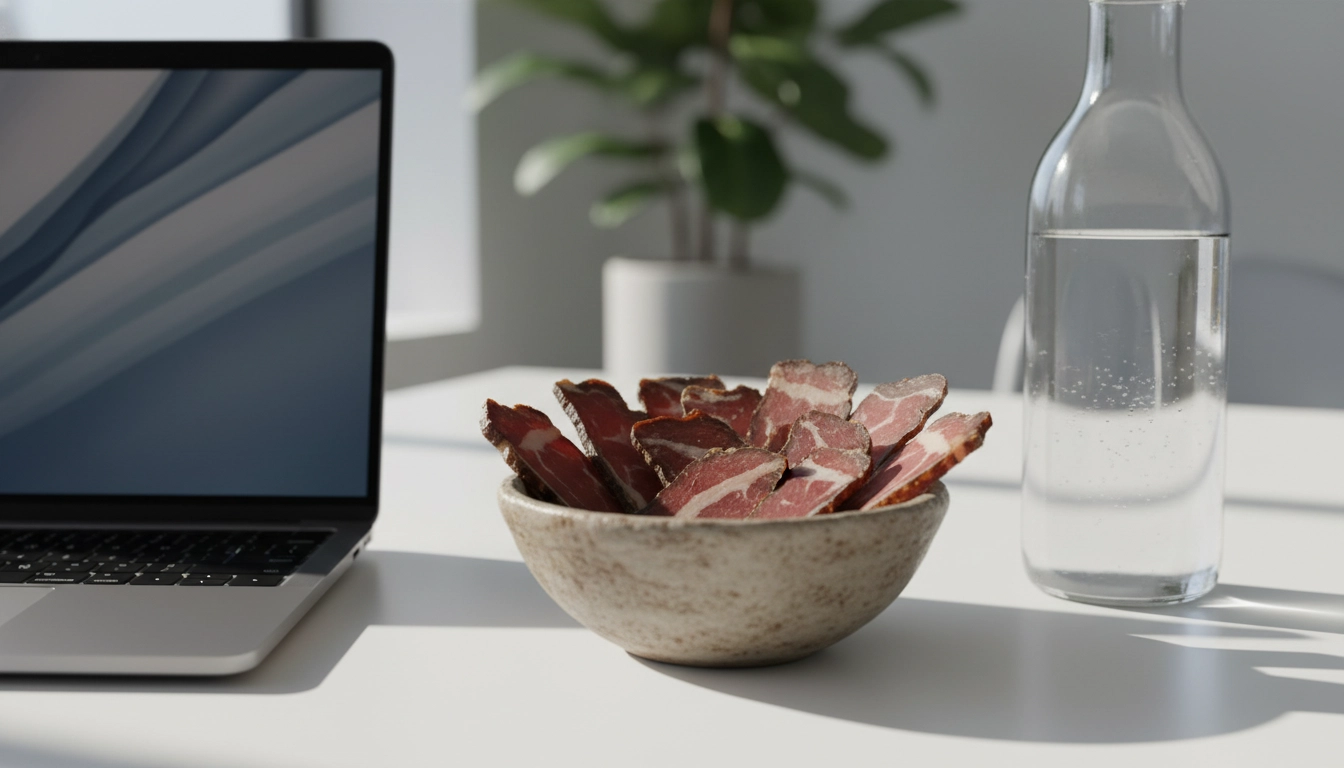 Close up air dried beef biltong, high protein snacks for the office, healthy meat snacks for sustained energy, biltong nutrition, grass fed beef