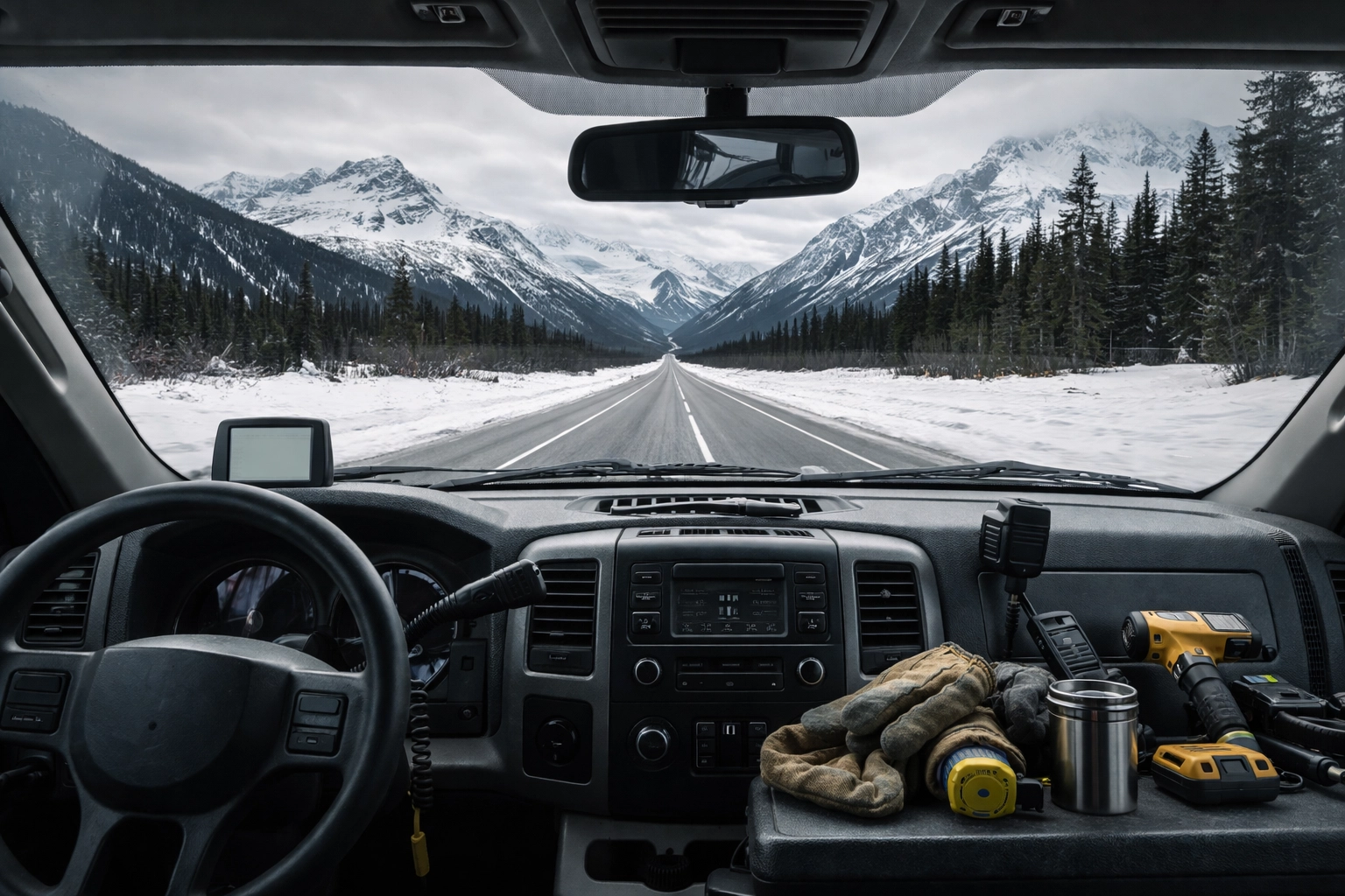 View from inside a contractor's truck driving Alaskan highways with tools, representing equipment in transit and insurance needs.