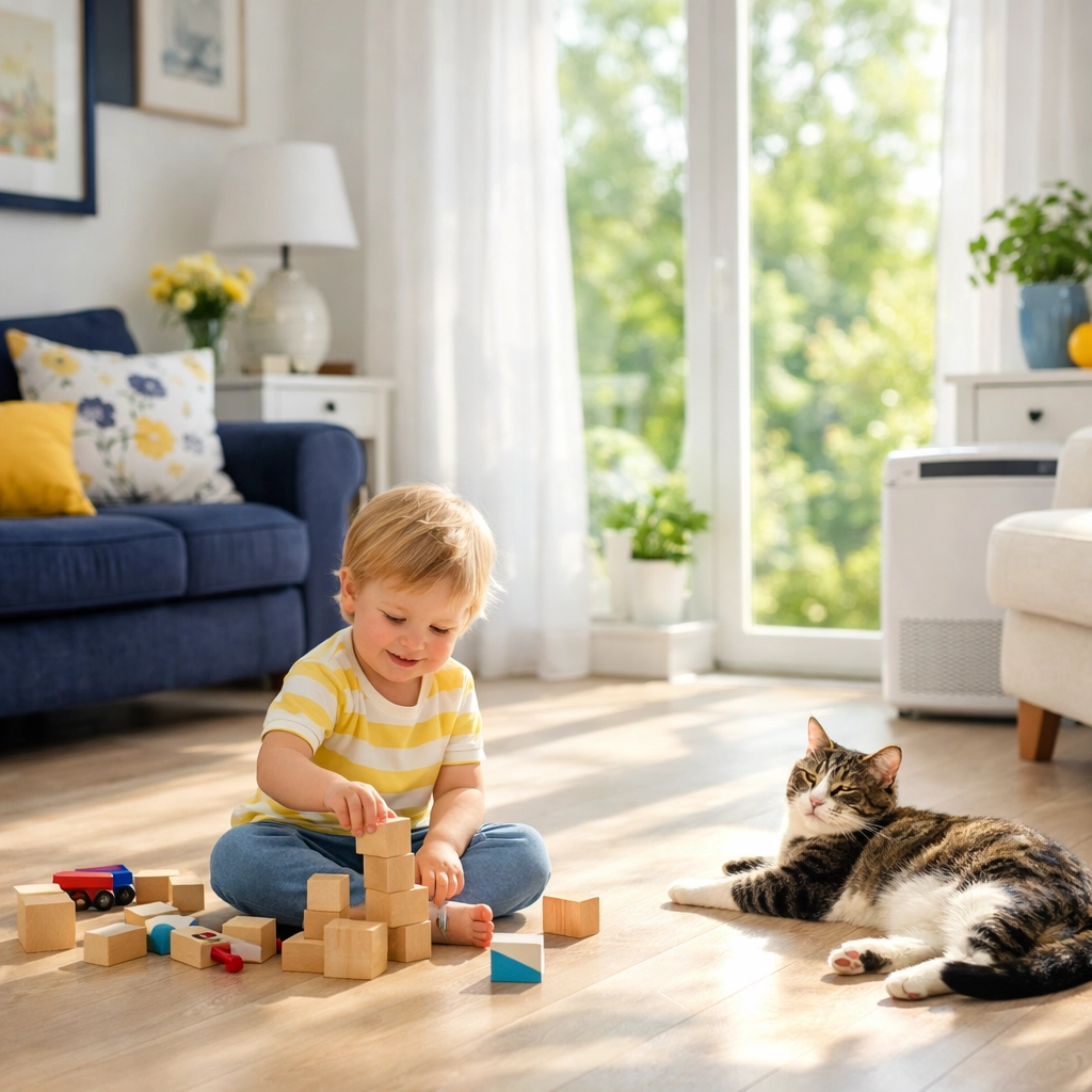 Child and pet playing on clean, safe hardwood floors after an eco-friendly house cleaning service.