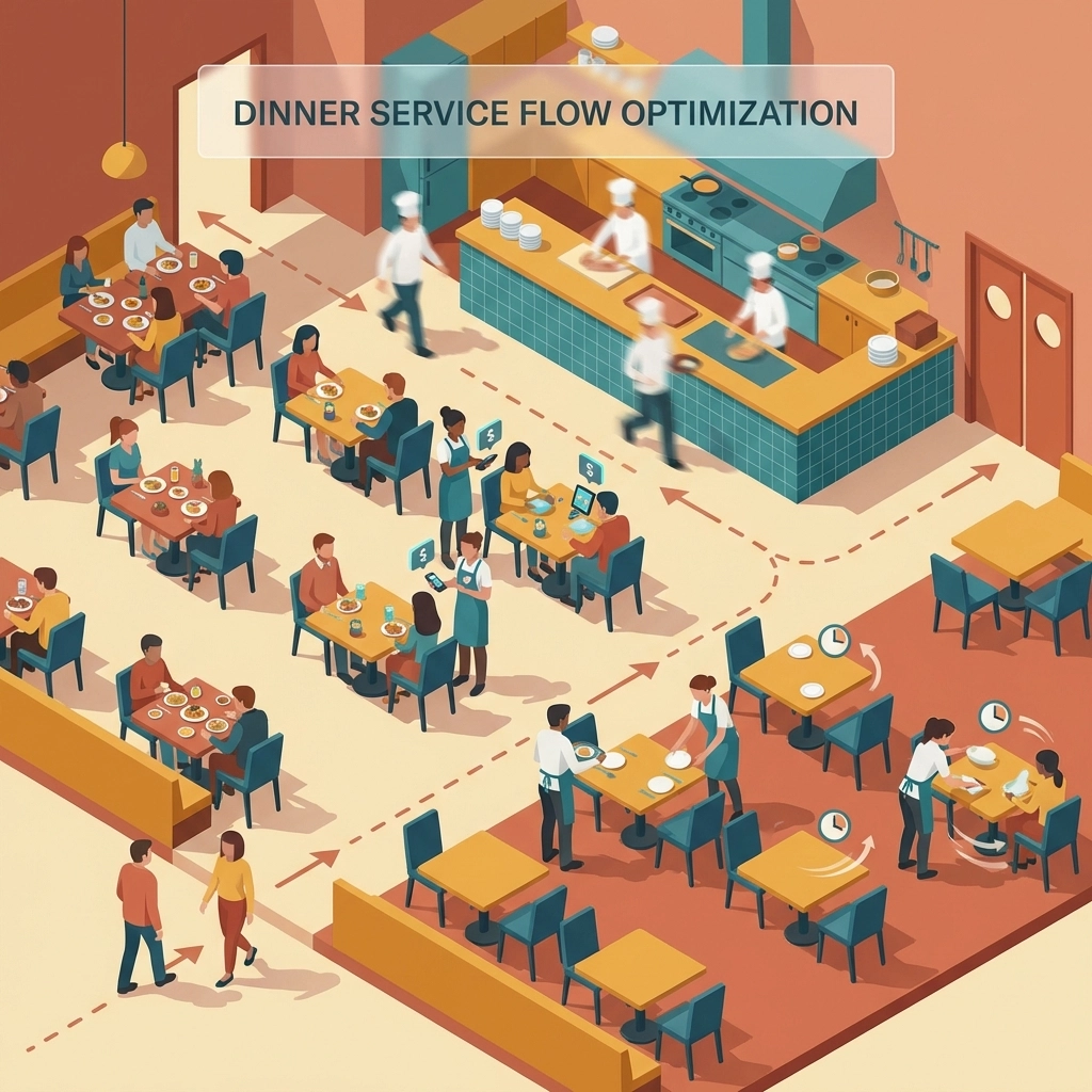 Overhead view of a busy restaurant floor with diners and staff using tableside payment systems to optimize table turnover.