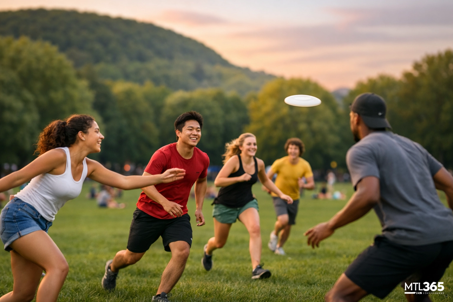 People playing frisbee and soccer in Parc Jeanne-Mance at the base of Mount Royal in Montreal.