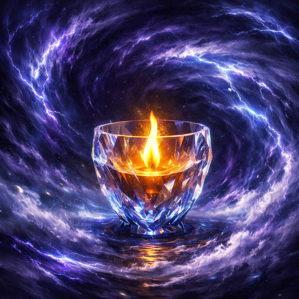 A calm golden flame in a crystal vessel within a storm, symbolizing co-regulation and mindful parenting.