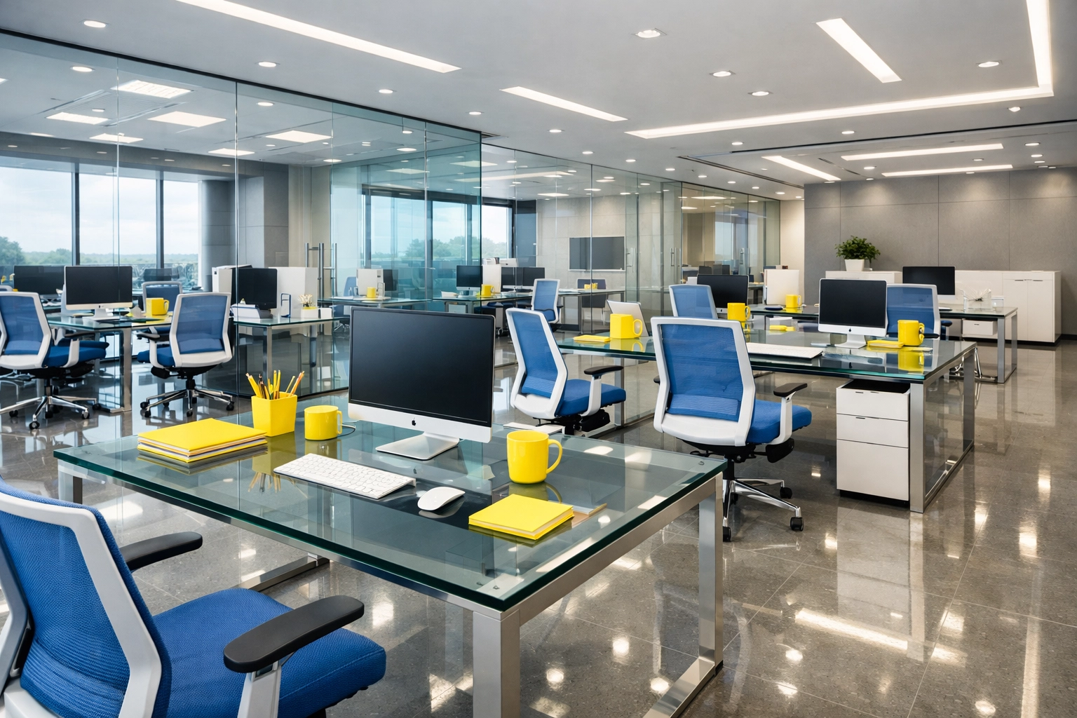 Sleek and organized commercial office in Westford showing the results of professional office cleaning.