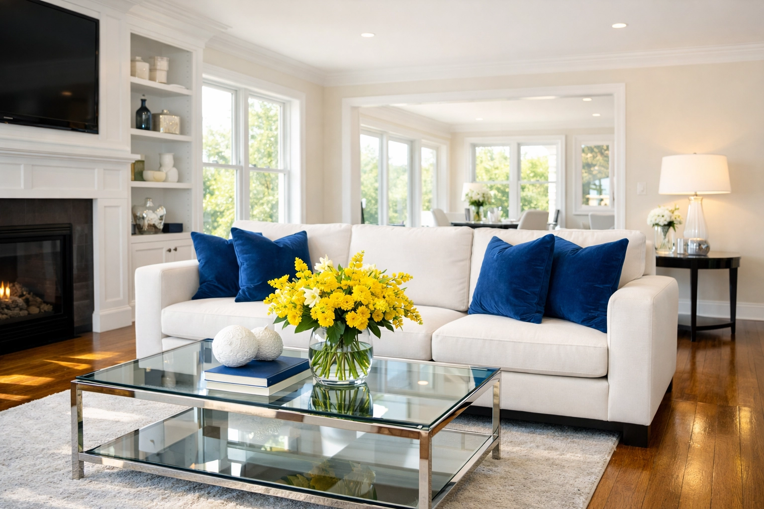 A clean and sunlit living room in a Natick MA home after a professional weekly house cleaning service.