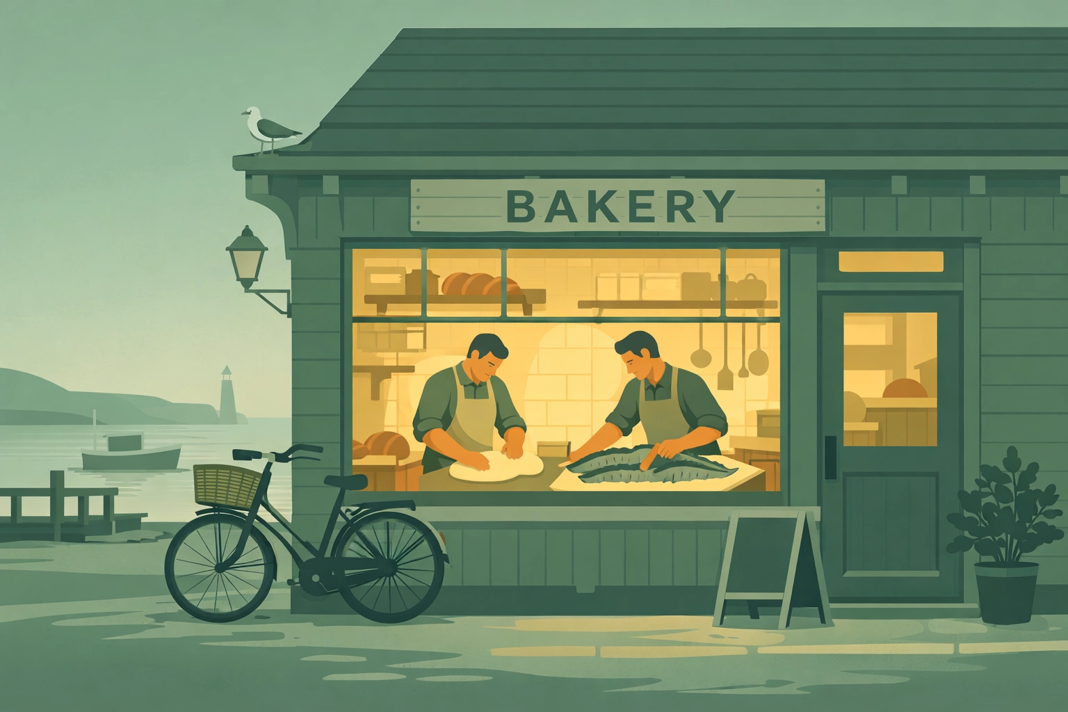 Coastal bakery storefront with gay couple working together inside at dawn