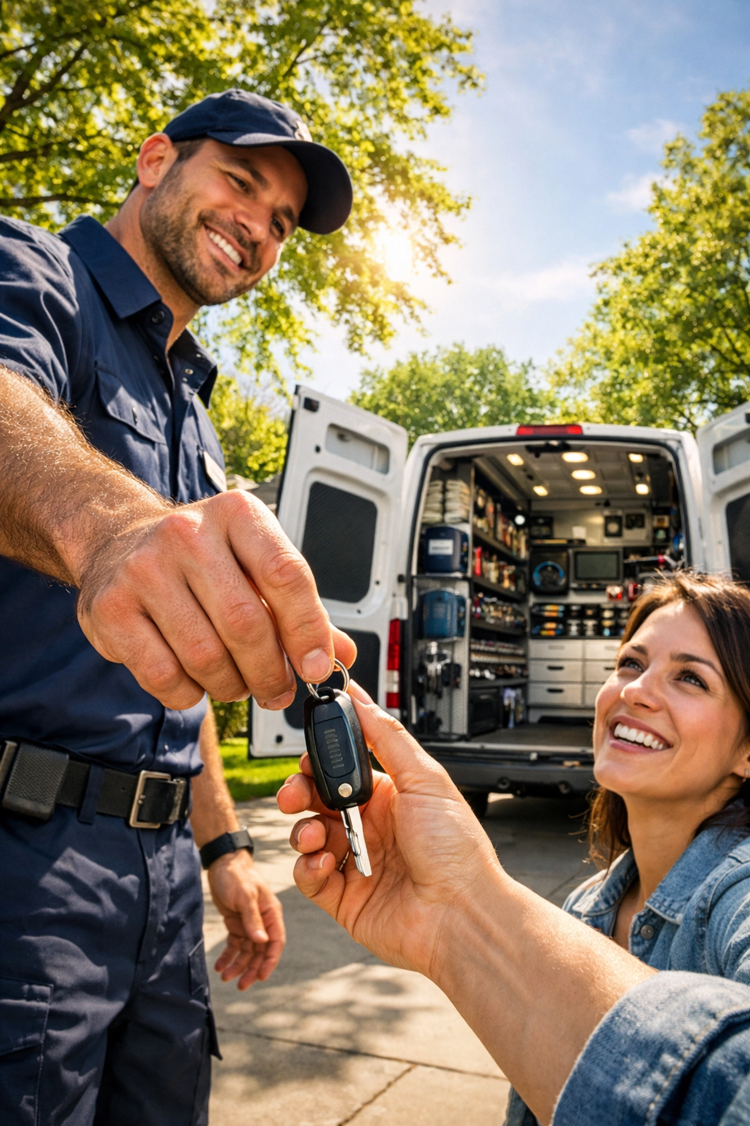 Green Bay mobile mechanic returning keys to a customer in their driveway after convenient home car service.