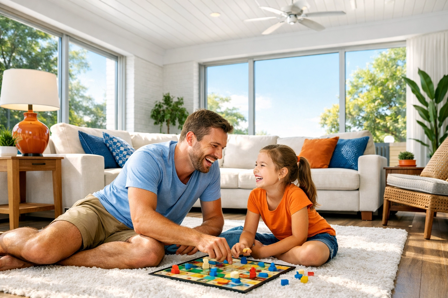 Buffalo family relaxing in a cool, energy-efficient living room during the peak of summer heat.