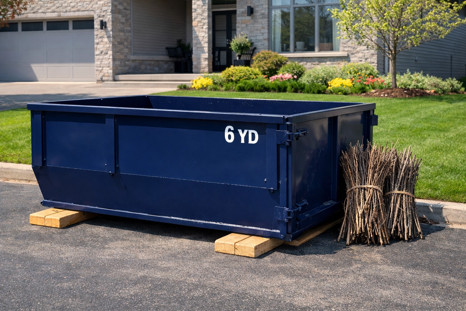 A 6-yard disposal bin on a North York driveway for spring landscaping and garden waste disposal.