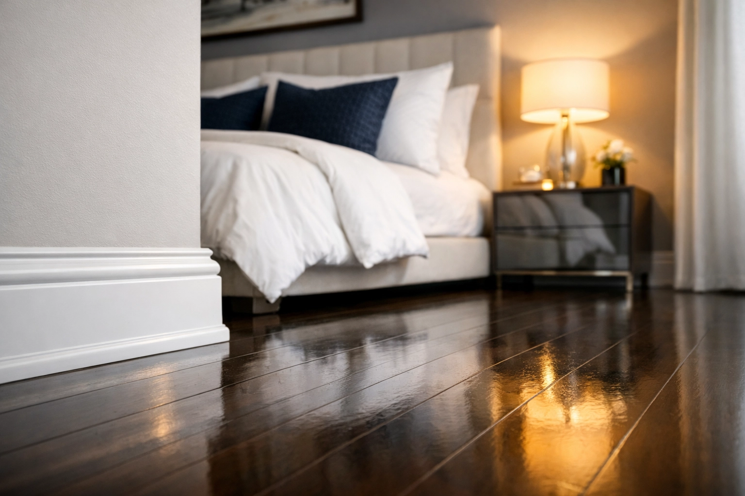 Luxury bedroom with spotless baseboards and hardwood floors following a deep cleaning in Reading MA.
