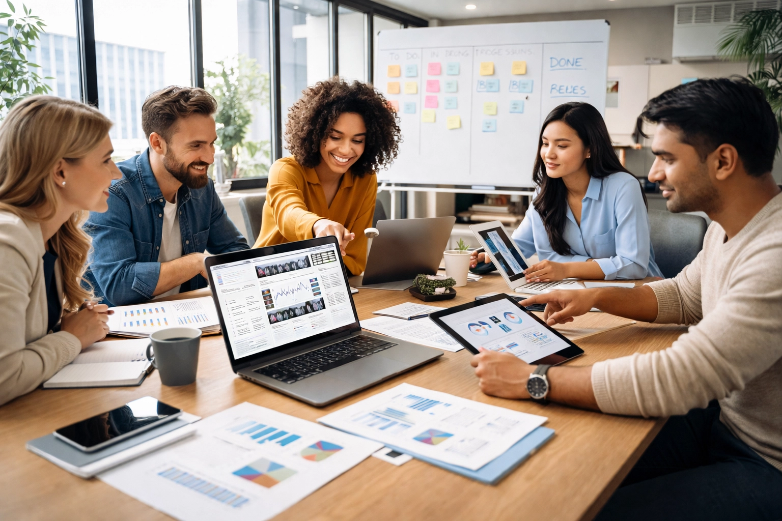 Marketing team collaborating around a conference table reviewing media asset workflows in a bright office