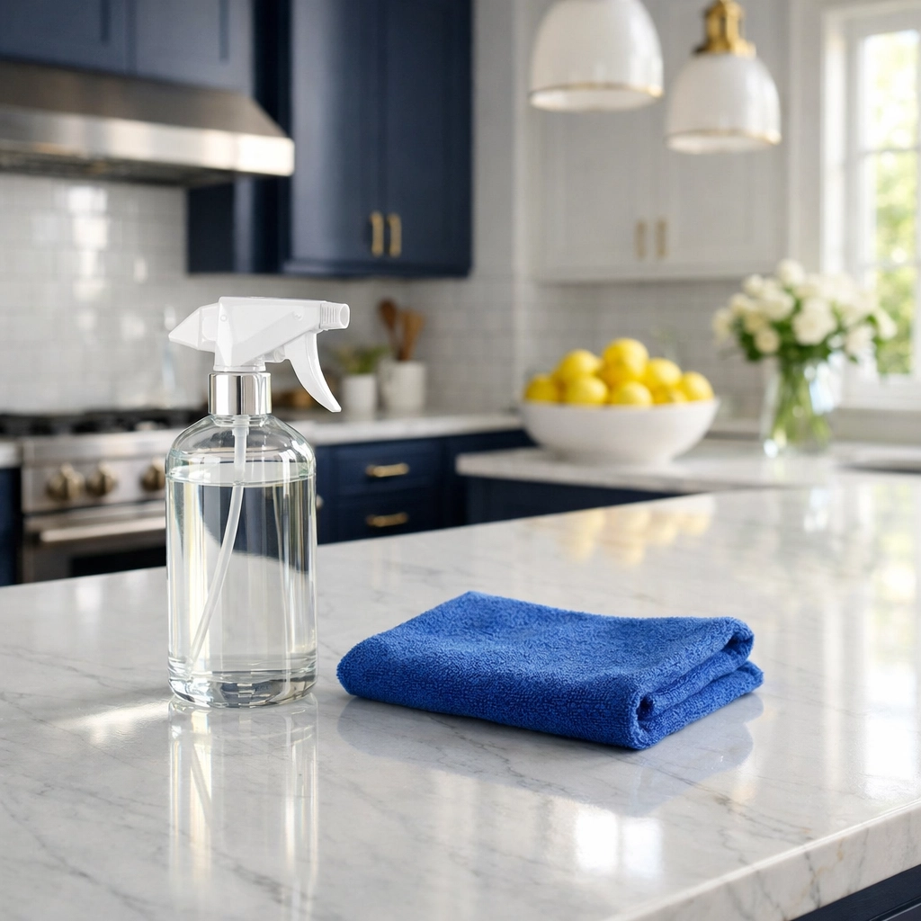 Professional house cleaning Pepperell MA using microfiber cloths on a modern marble kitchen island.