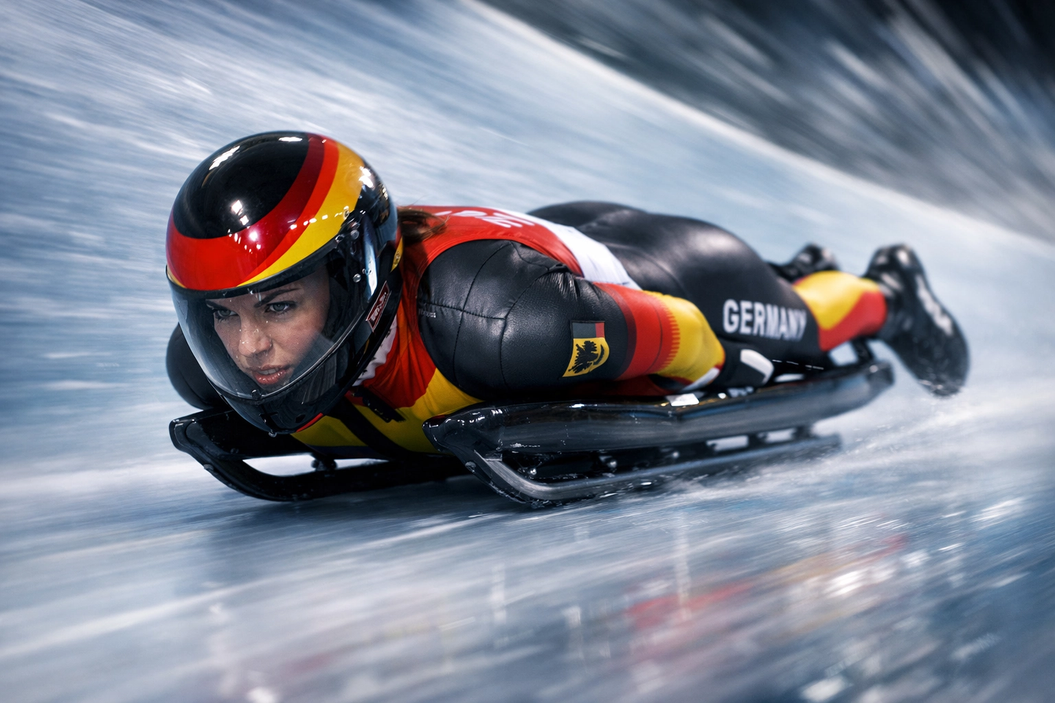 Deutsche Rennrodlerin auf Eiskanal bei Olympia-Wettkampf in Hochgeschwindigkeit