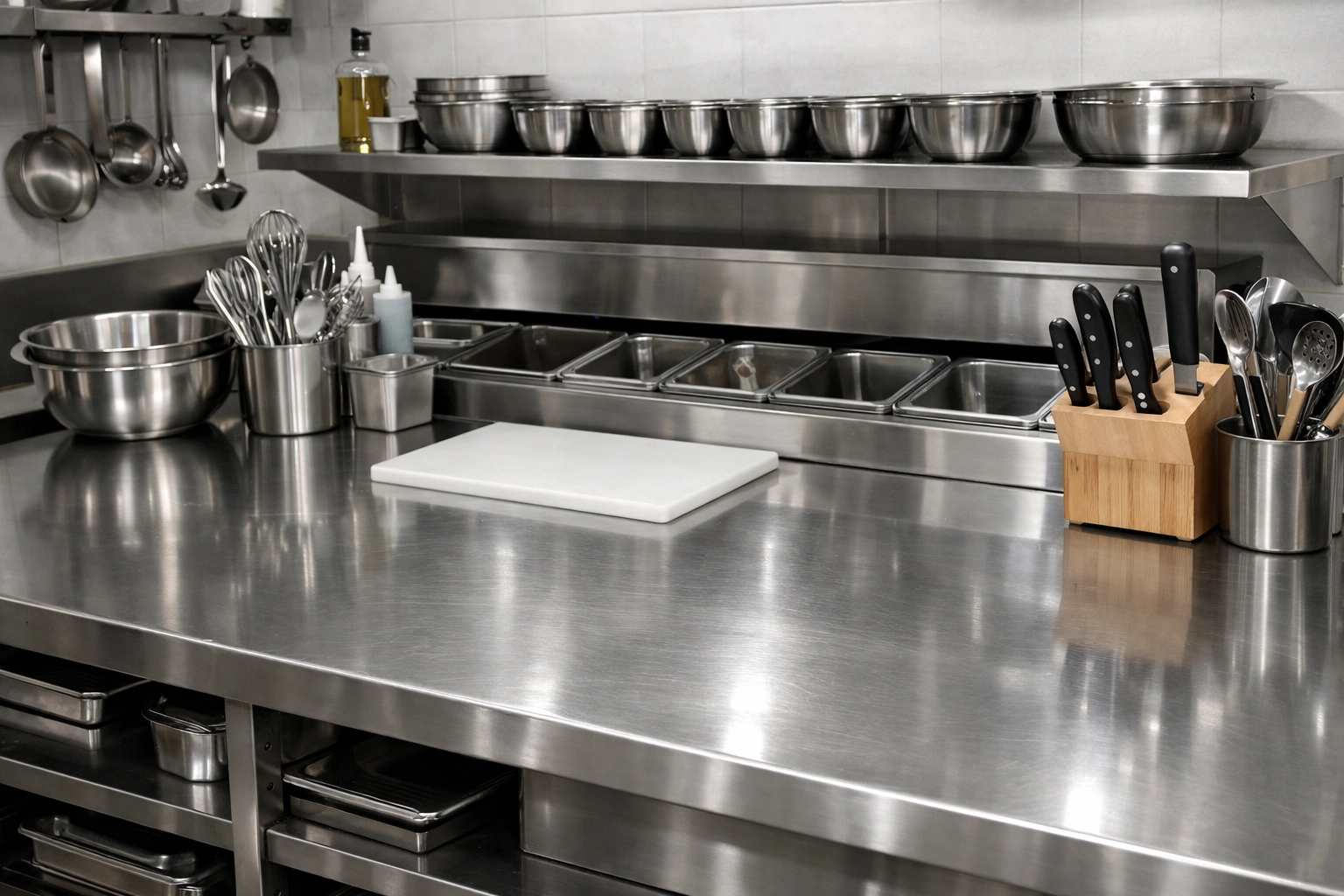 Sanitized stainless steel workstation after professional commercial kitchen deep cleaning in Worcester.
