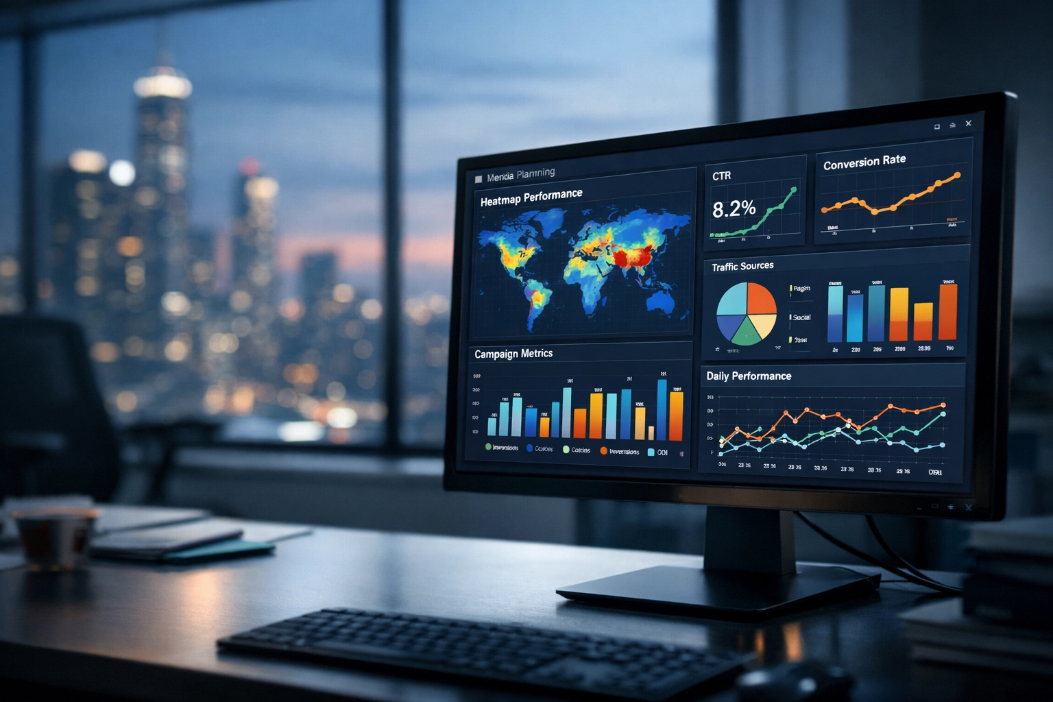 Digital analytics dashboard in a media office showing sports campaign performance and ROI data.