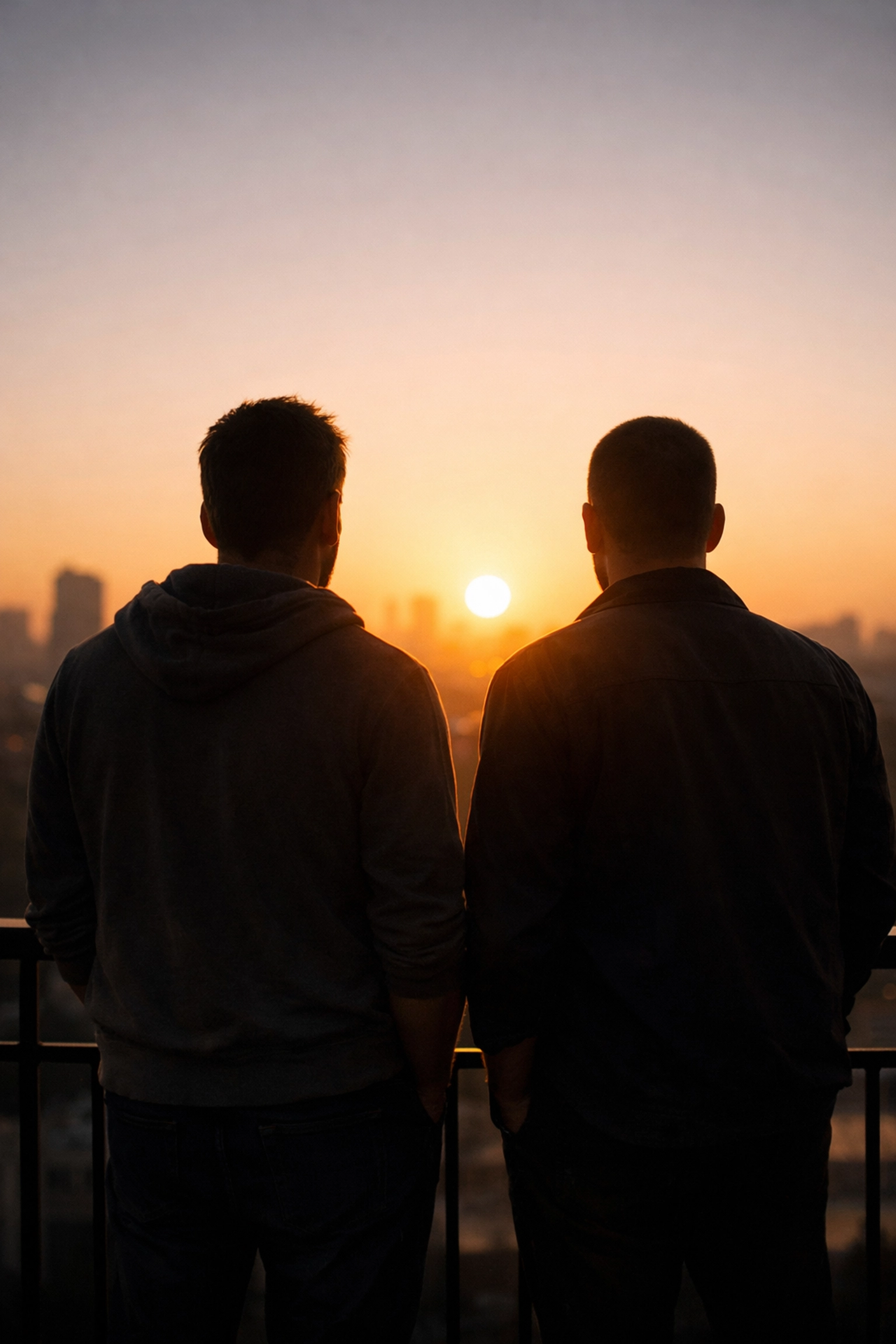 Two gay men silhouettes on a balcony at dawn, representing recovery and authentic connection in MM romance.