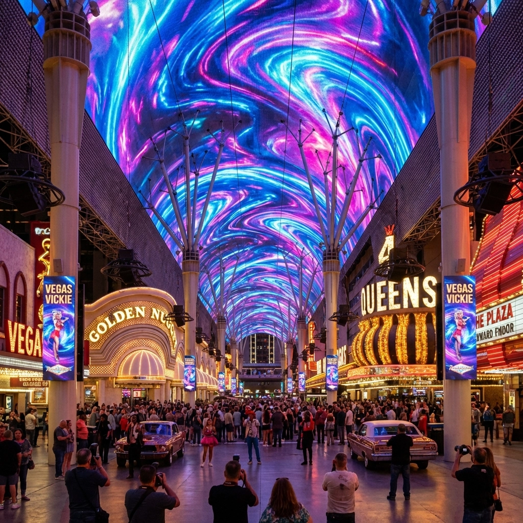 Fremont Street Experience at night, LED canopy and vibrant crowds showcase free downtown Las Vegas entertainment