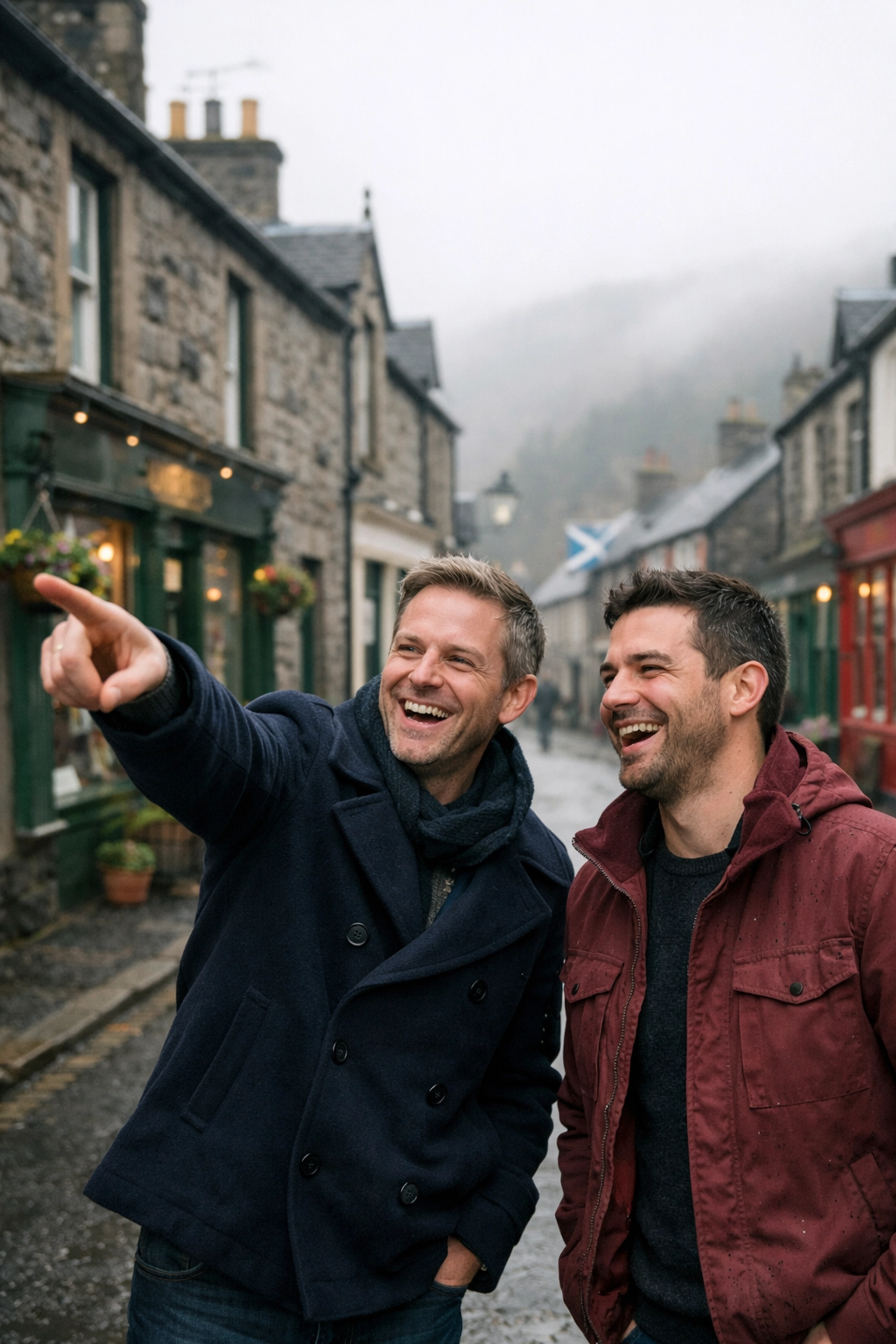 Gay couple exploring quaint cobblestone village street in misty Scottish Highlands