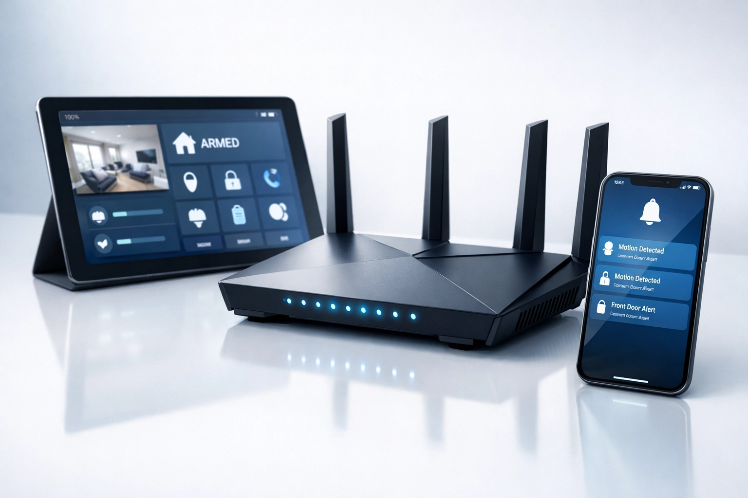 Modern home security devices including tablet, router and smartphone for cyber protection