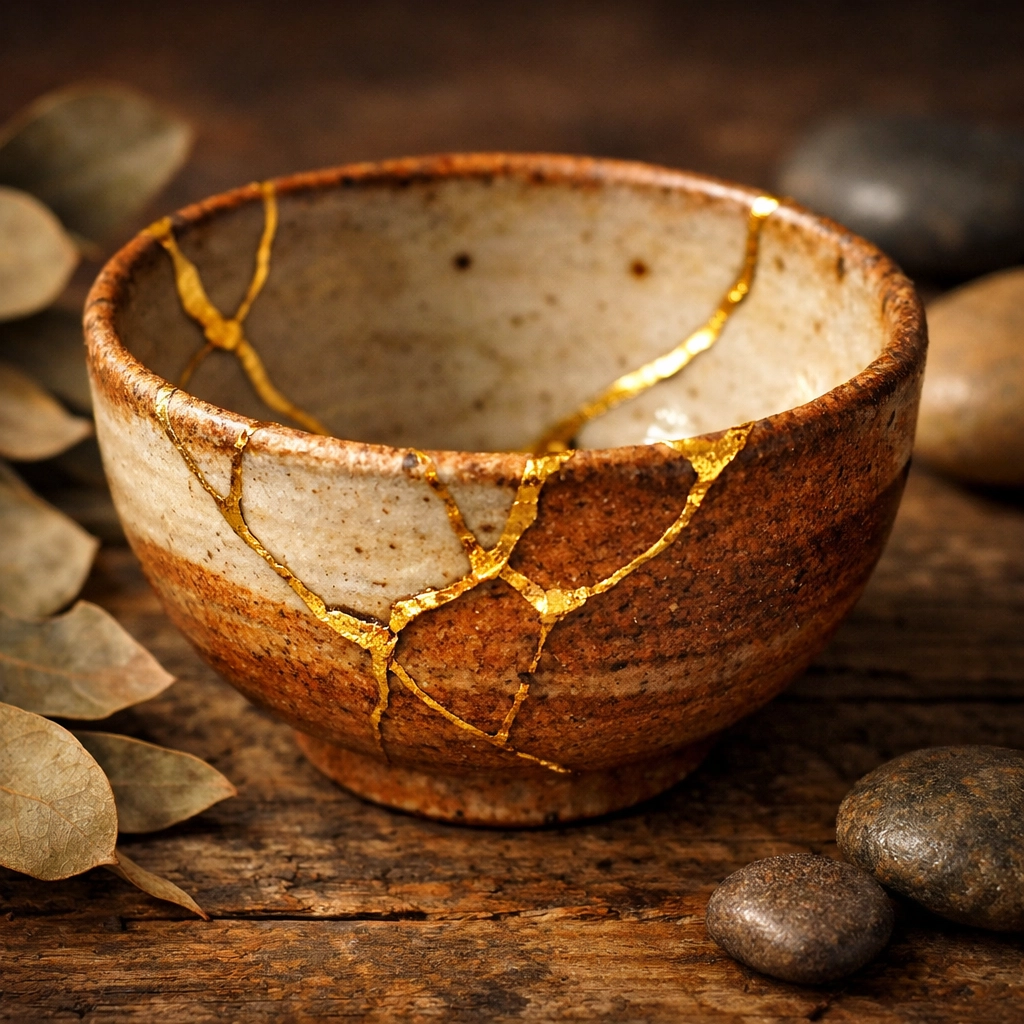Kintsugi bowl with gold cracks, symbolizing the beauty of healing core wounds through the Chiron Effect.