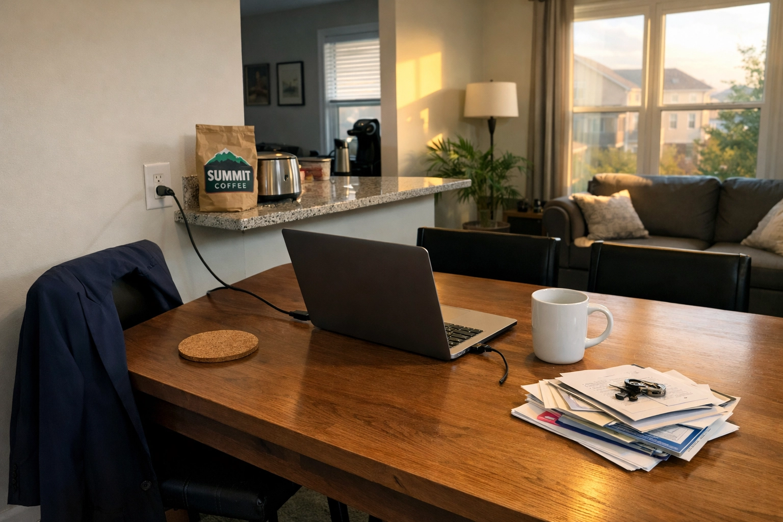 Modern shared dining area in a Durham rental featuring a workspace setup for professionals in the Research Triangle.