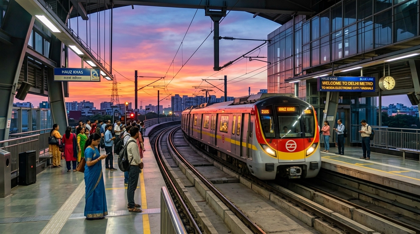 A modern Delhi Metro train arriving at an outdoor station