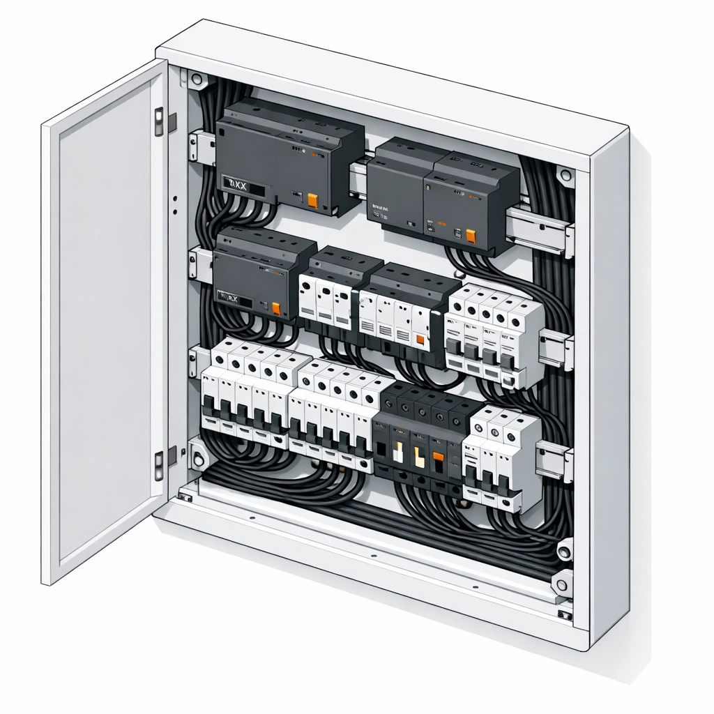 Professionell verdrahteter Smart Home Verteiler mit KNX-Modulen für eine Installation in Wien.