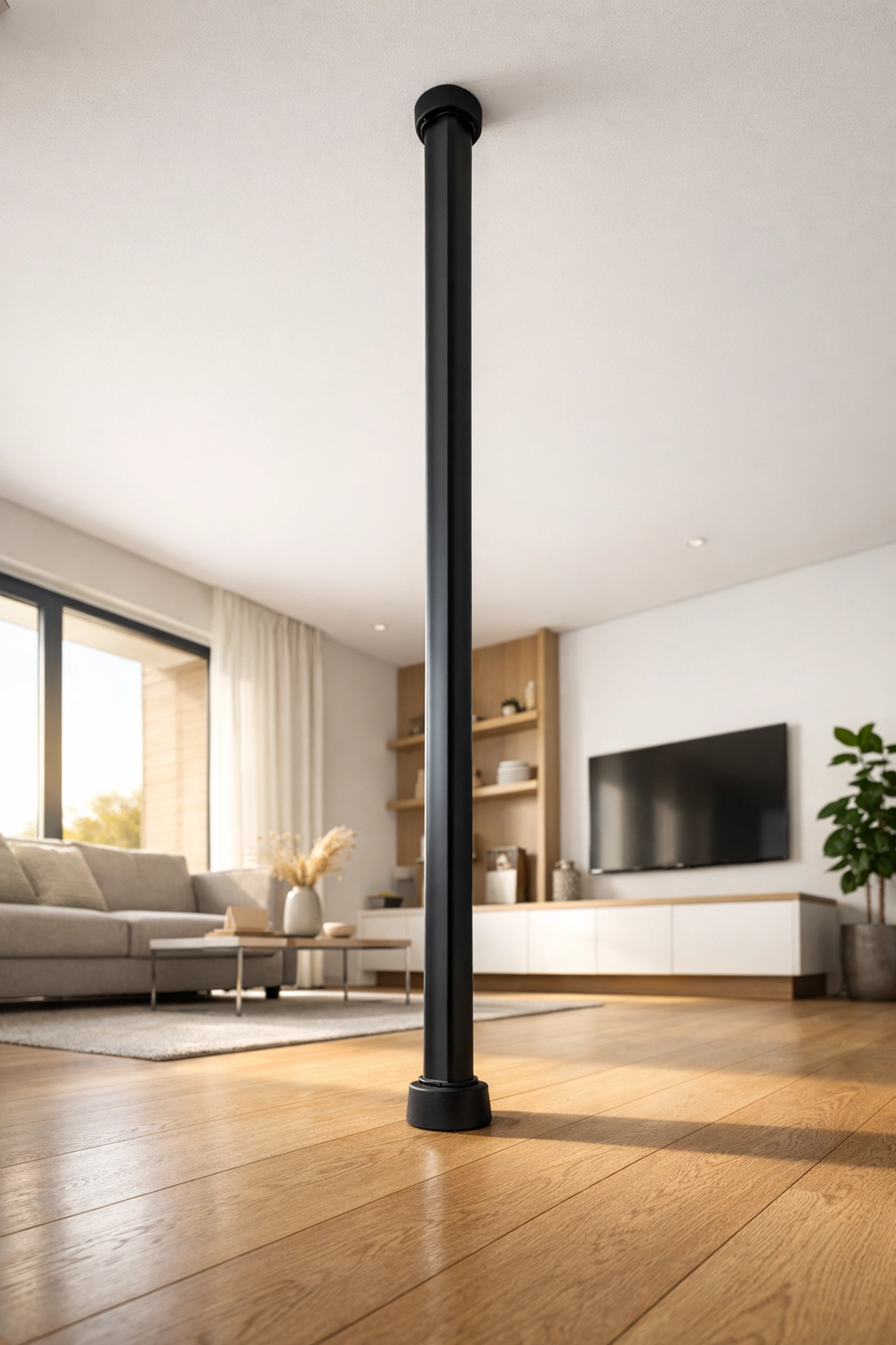 Sleek black floor to ceiling home gym equipment taking up minimal floor space in a minimalist apartment.