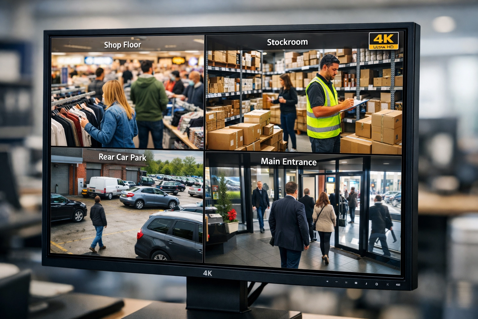 High-definition NVR IP camera system feeds displayed on a 4K office security monitor.