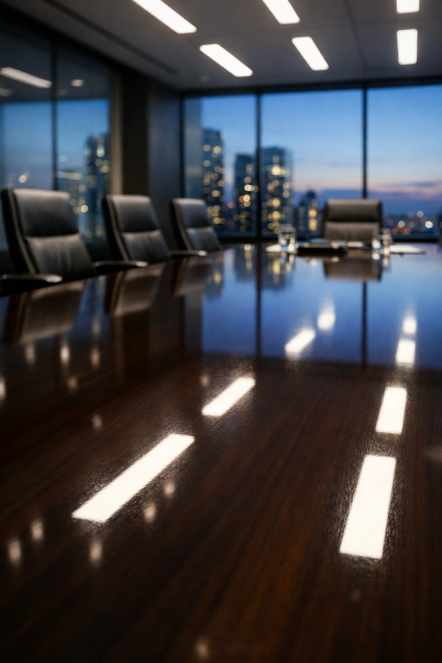 Clean executive boardroom table with a polished wood surface reflecting the Indianapolis city skyline.