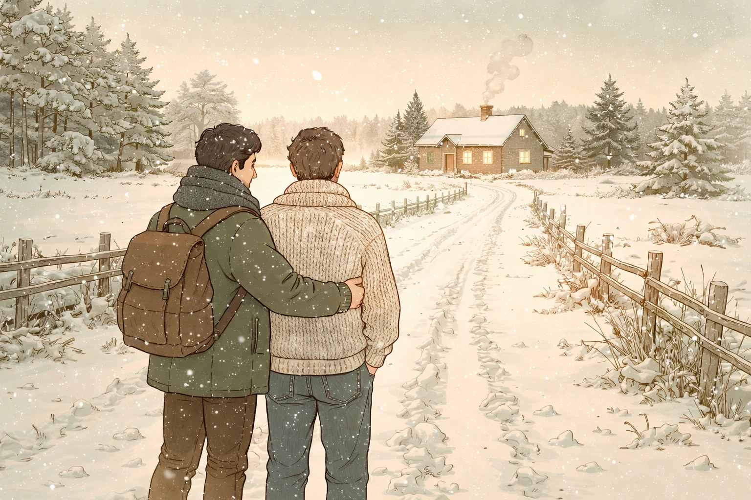 Two men stand together on a snowy Danish road gazing at a warm farmhouse in this small-town MM romance scene