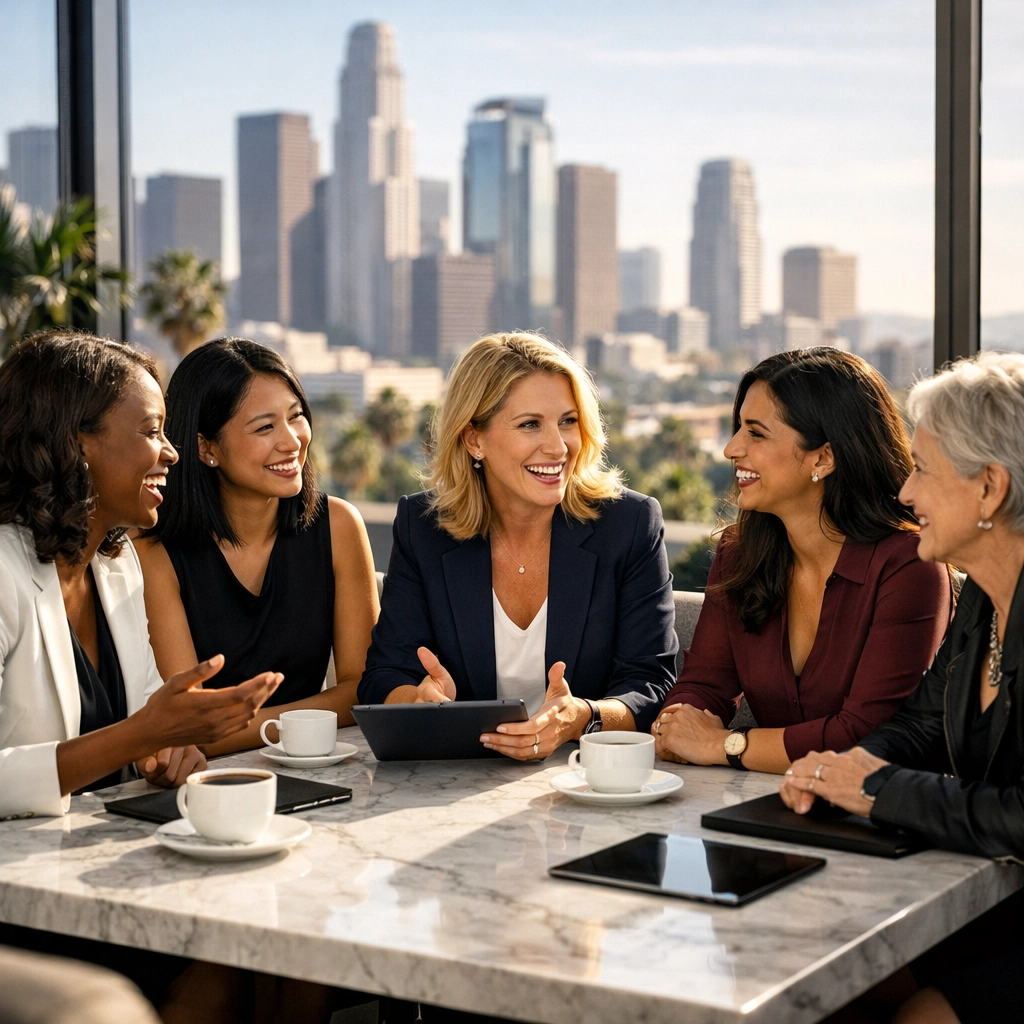 Women entrepreneurs networking at a Levo League event in Los Angeles to empower female leaders.