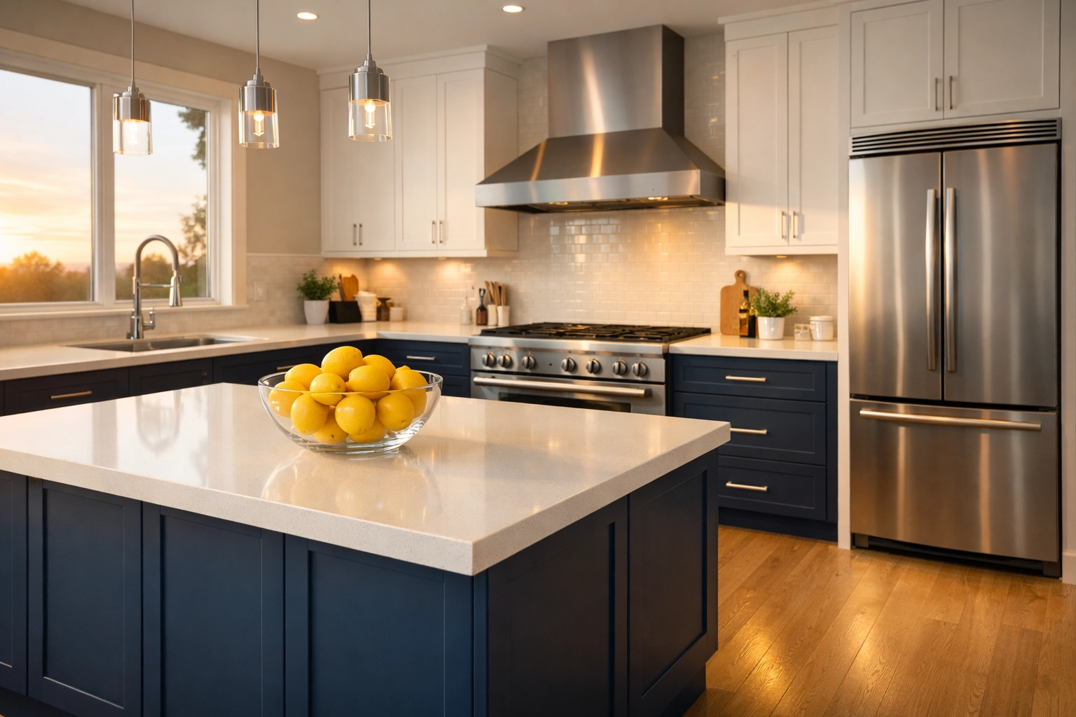 Professionally cleaned modern kitchen with navy cabinets and white quartz counters, ideal for bi-weekly maintenance.