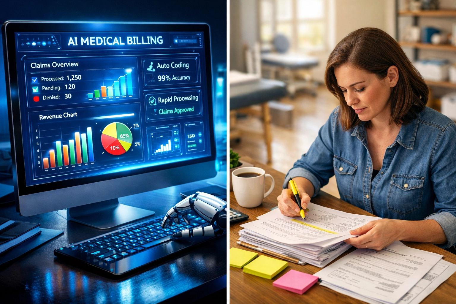 AI automated billing software versus human medical billing expert reviewing physical therapy claims