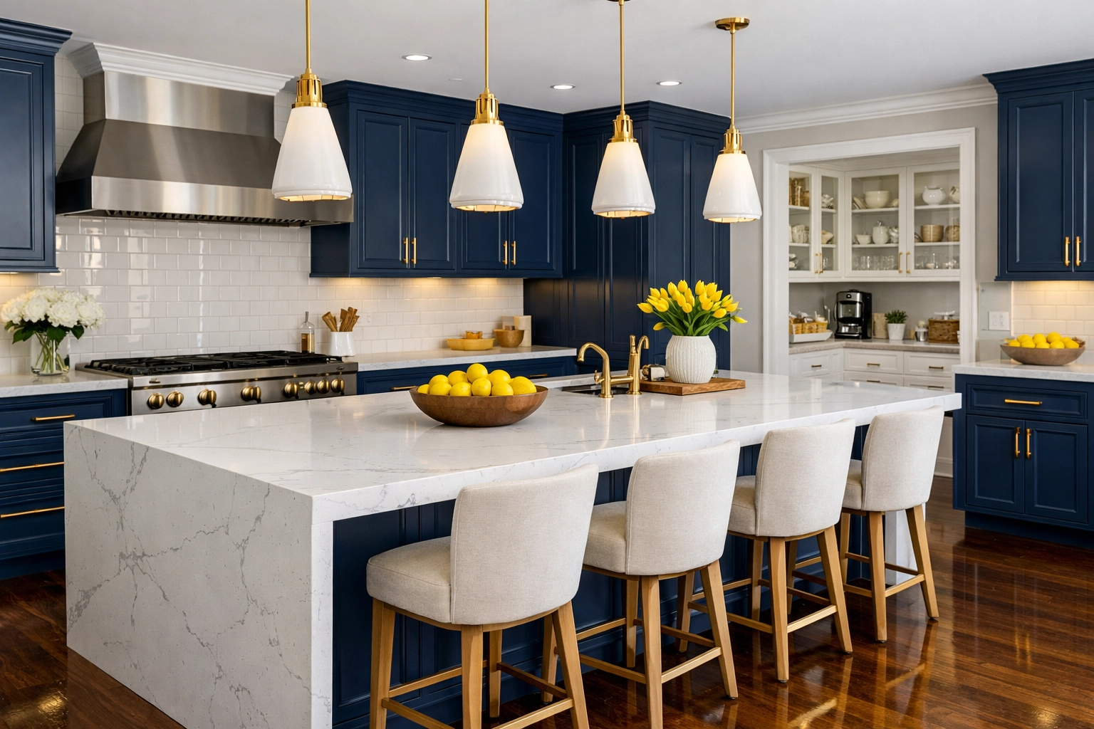Modern Westwood kitchen with a clean quartz island and polished floors from Westwood Luxury Cleaning services.