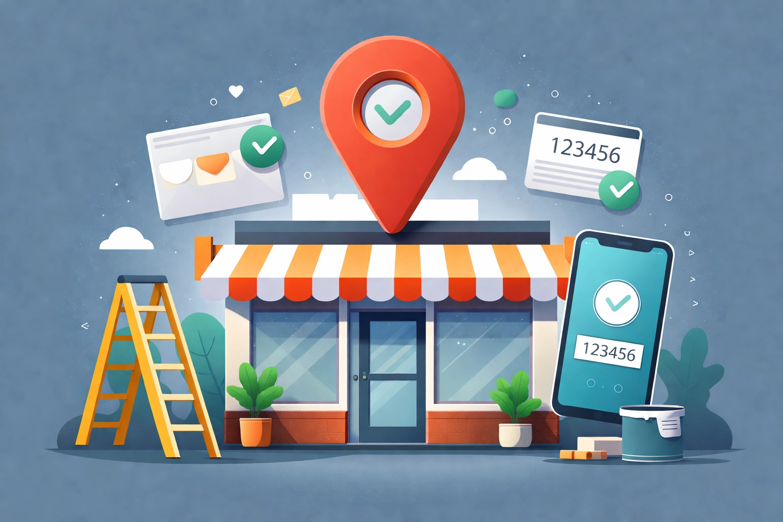 Business storefront with Google Maps pin and verification icons shows re-verifying a Google Business Profile for local SEO Chattanooga.