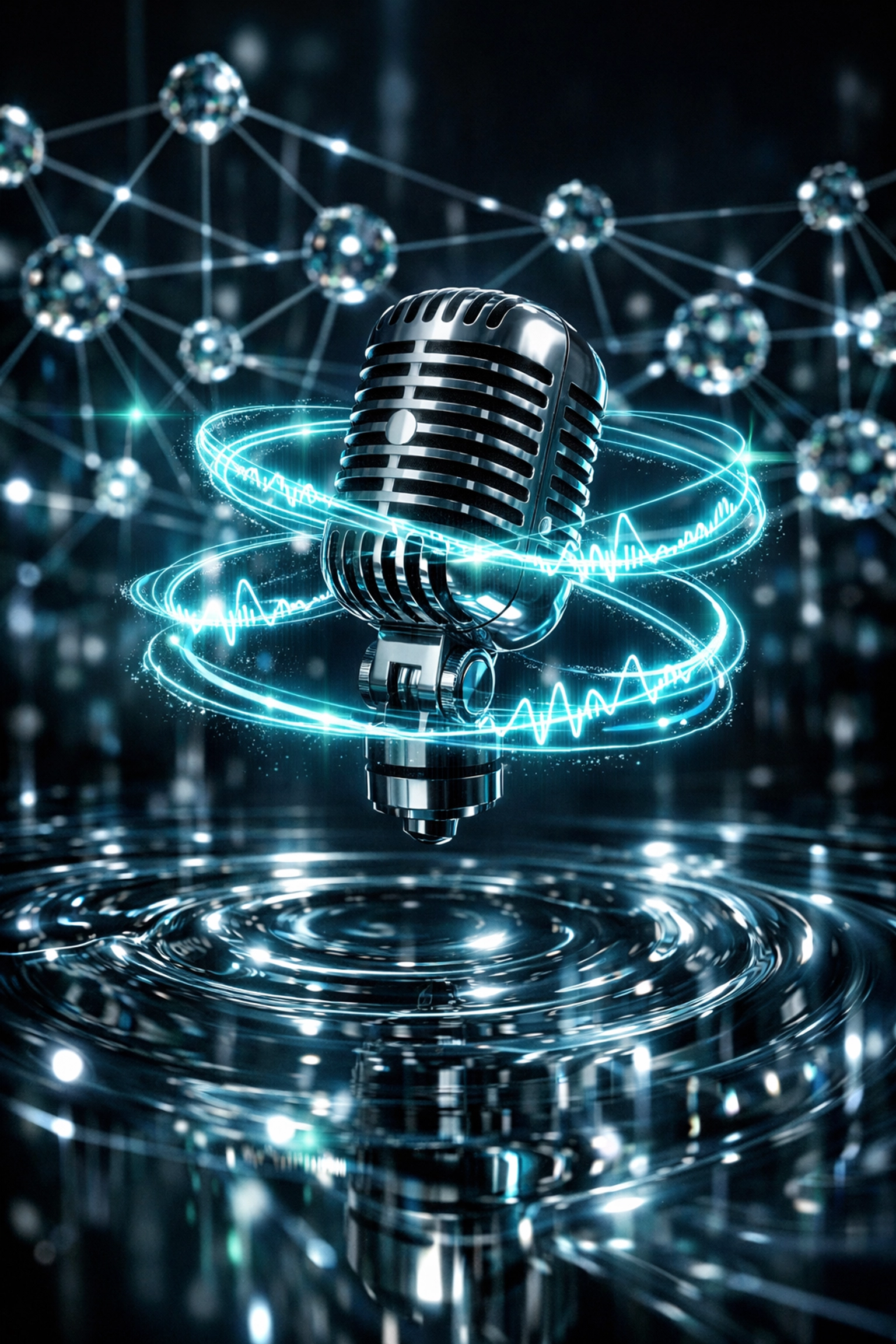 Futuristic microphone with digital data streams, highlighting expert legal voice and multimedia content for law firms.