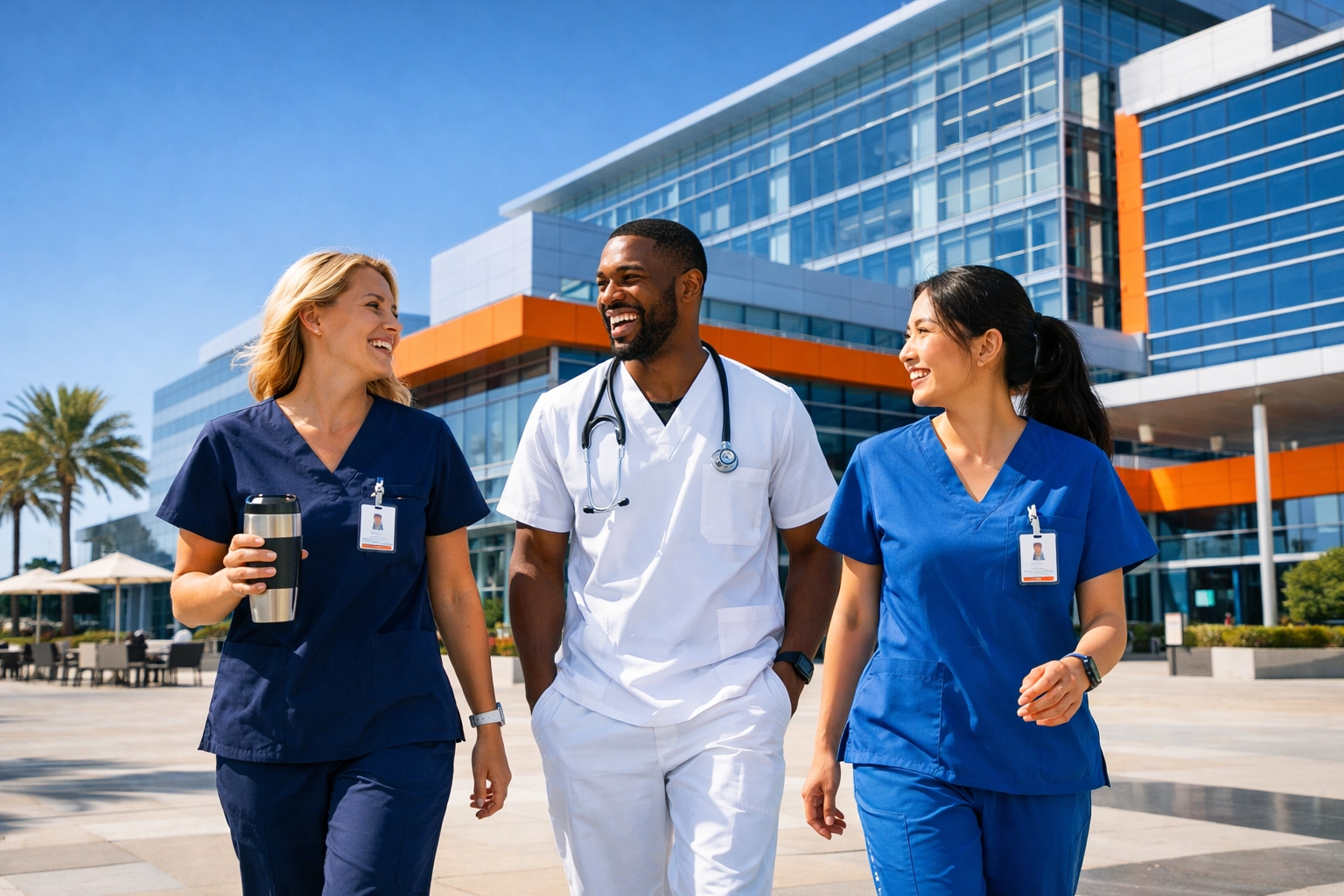 Healthcare professionals walking to work, enjoying workforce flexibility through high-quality travel nurse contracts.