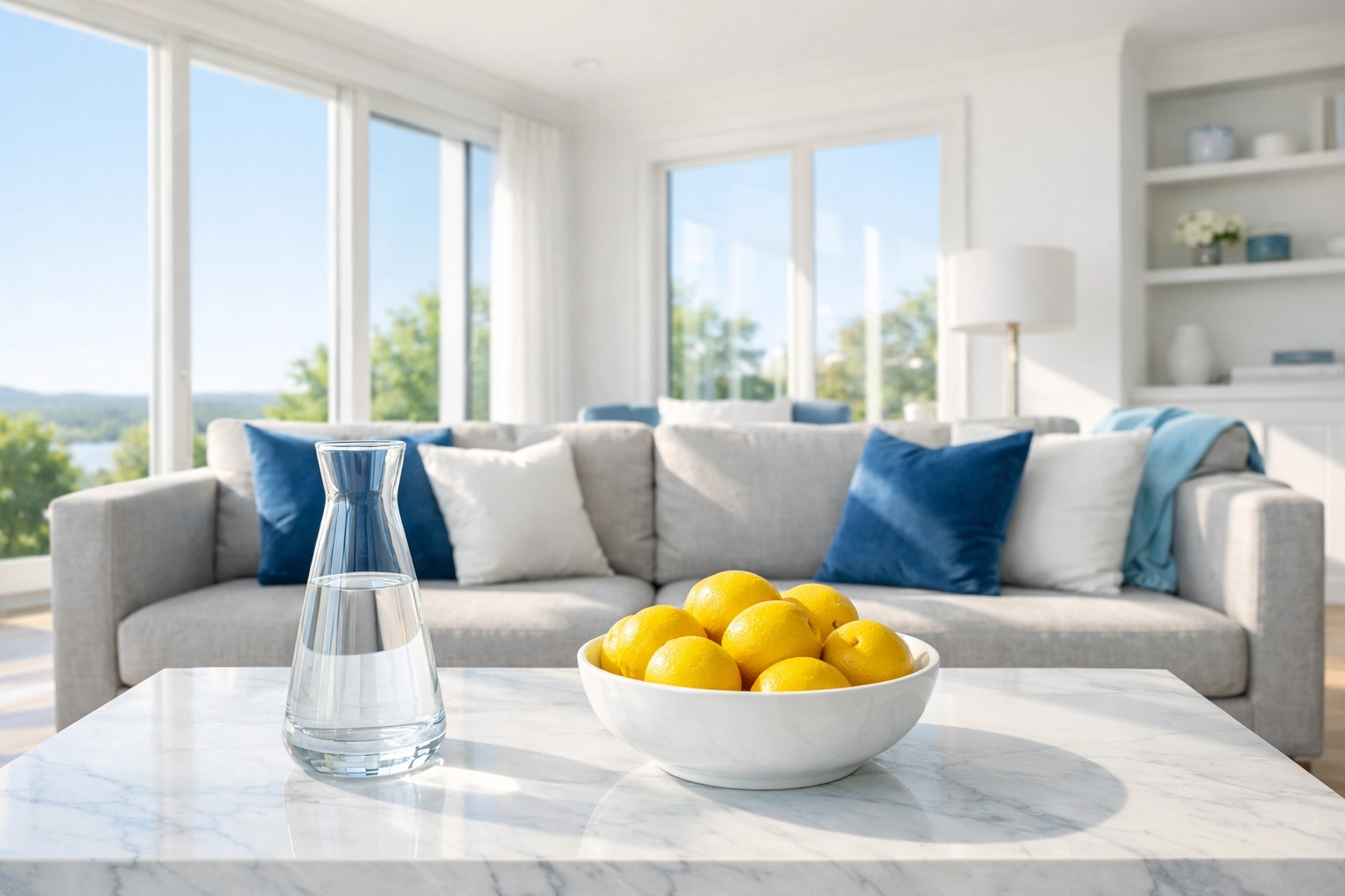 Sun-drenched luxury living room showing clean indoor air quality from non-toxic cleaning services.