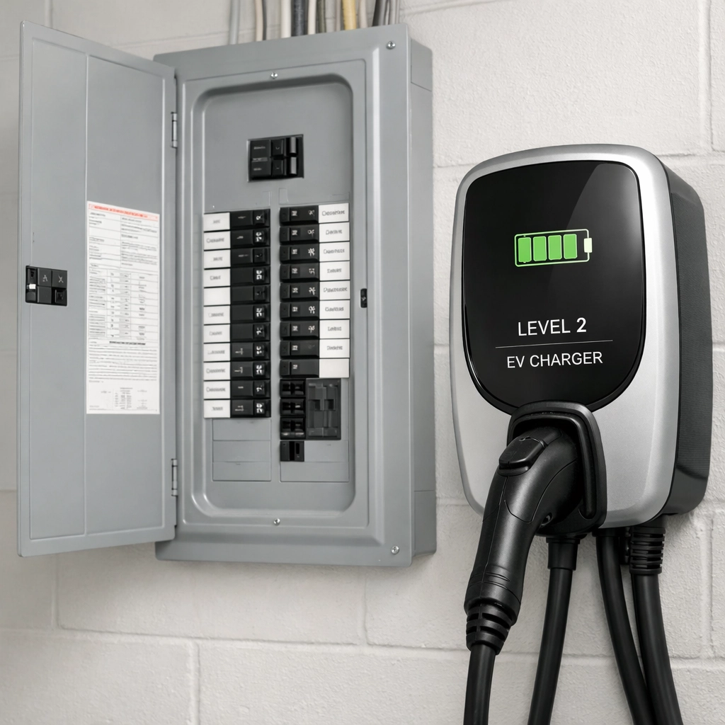 Electrical panel upgrade with Level 2 EV charger installation in Portland Maine home