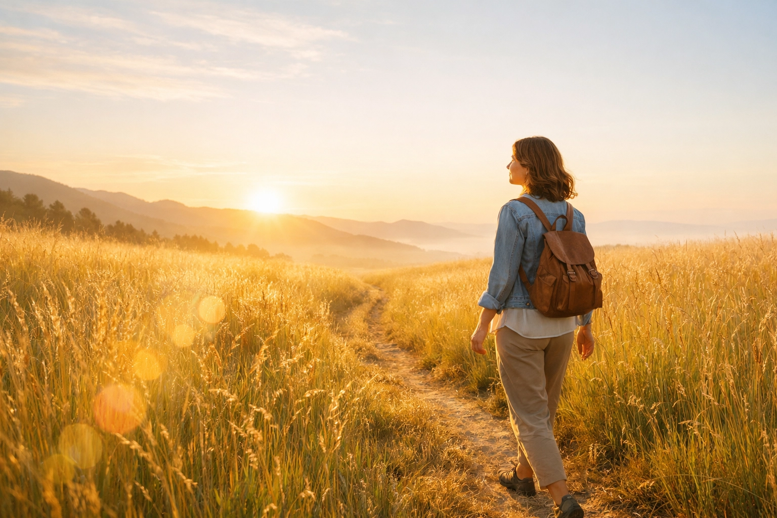 A woman walking through a meadow at sunrise representing the spiritual journey of renewing your mind