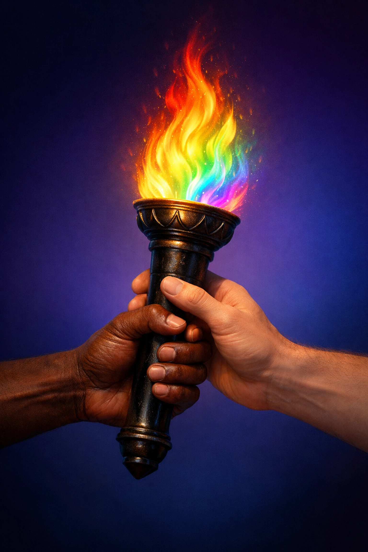 Hands passing rainbow torch symbolizing continuity of LGBTQ+ romance and gay fiction