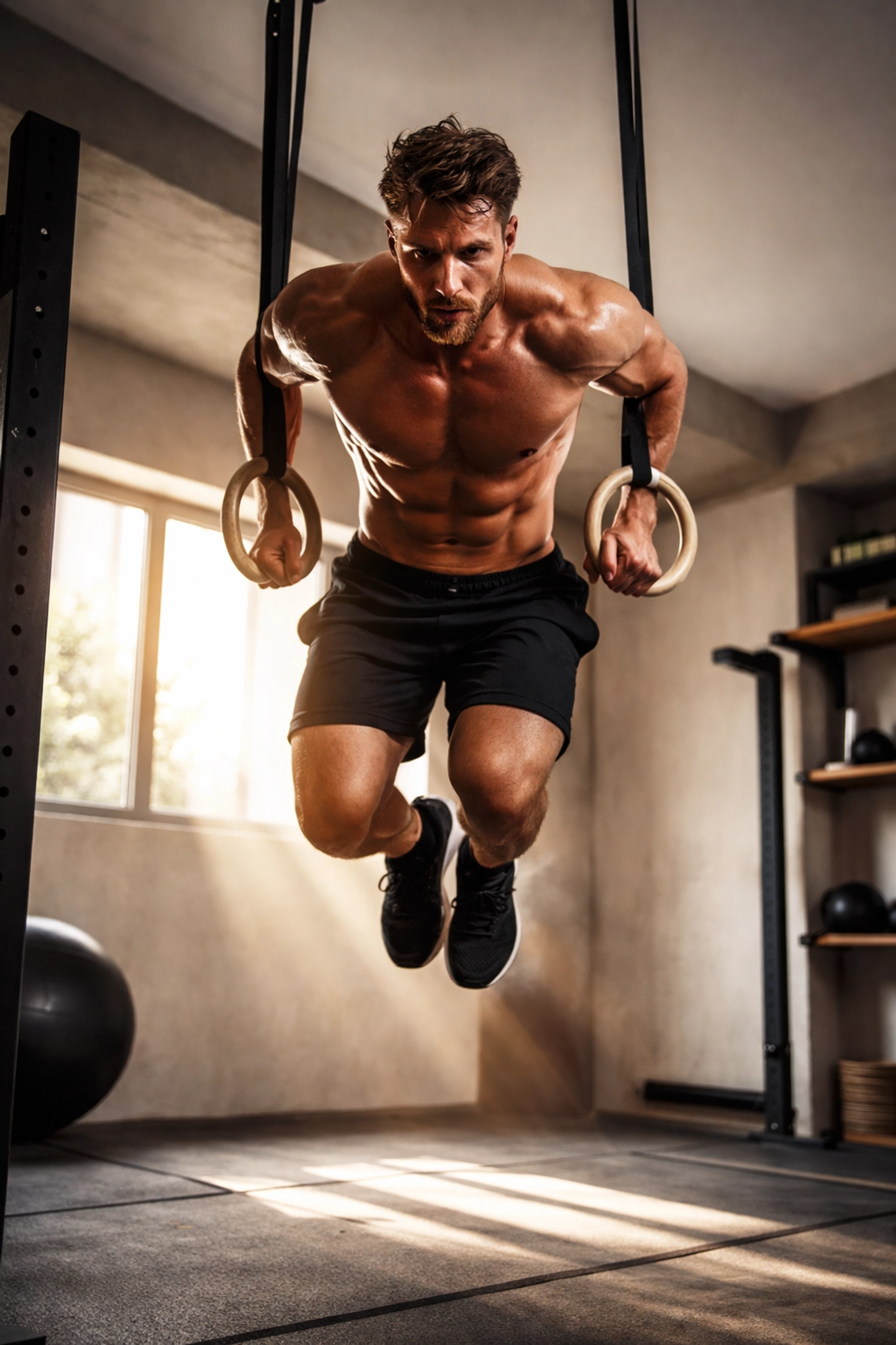 Athlete performing muscle-up on gymnastics rings in modern home gym, showcasing bodyweight training strength.