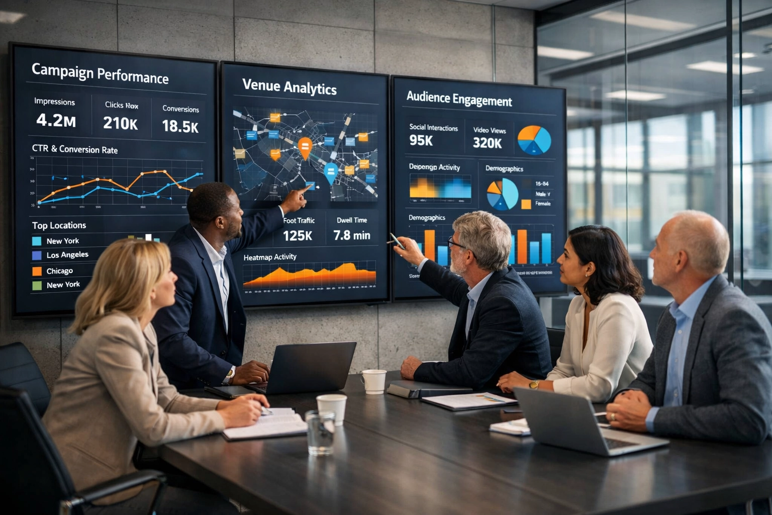 Business team analyzing sponsorship campaign performance data and venue analytics