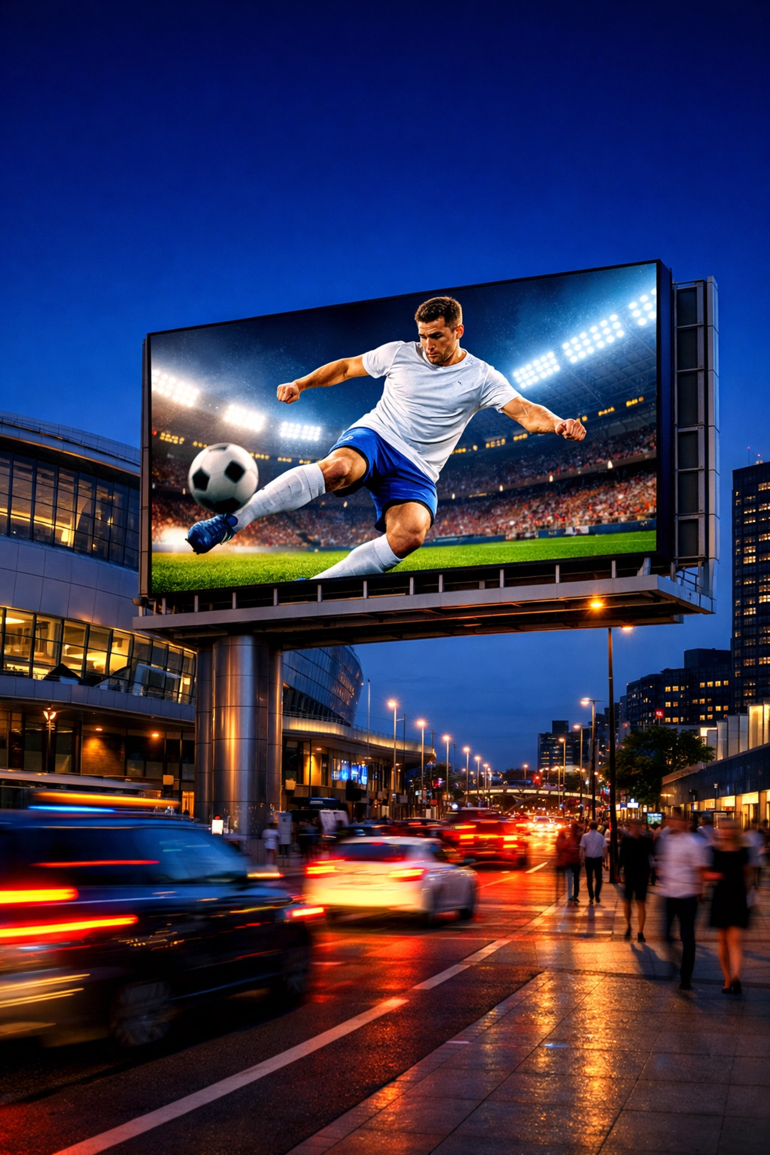 A digital billboard featuring an athlete near a sports arena, showcasing programmatic DOOH for sports marketing ROI.