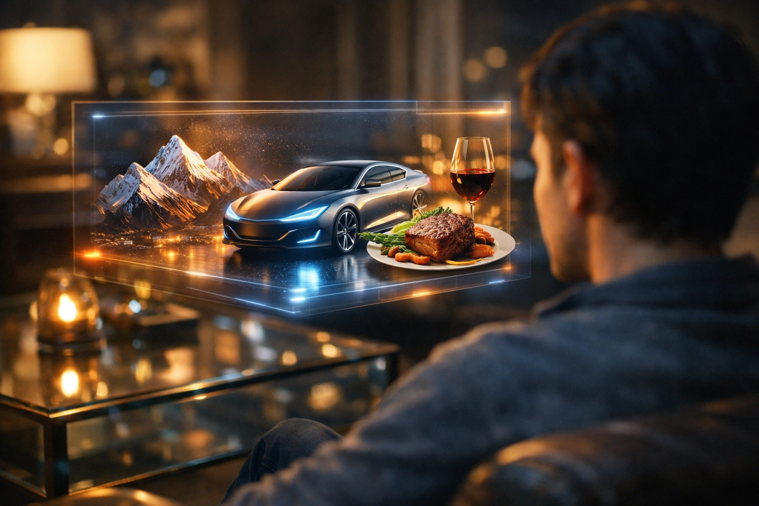 A person viewing personalized search results on a futuristic holographic interface representing user intent.