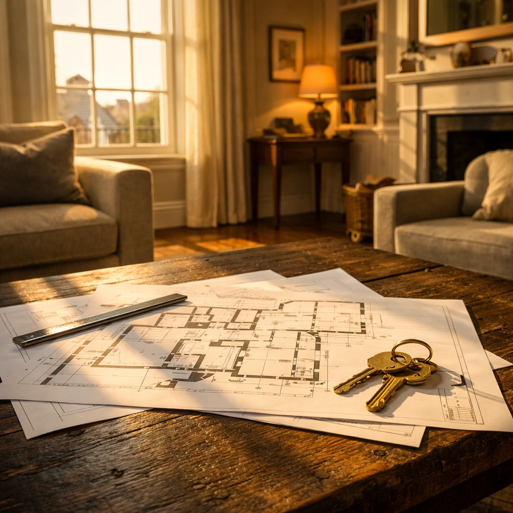Blueprints and house keys for a house extension in Chichester project on an oak table.