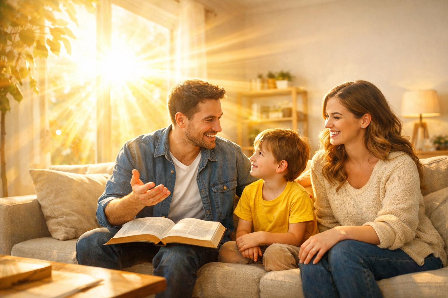 A hopeful family Bible study in a sun-filled home, reflecting God's light and the promise of salvation.
