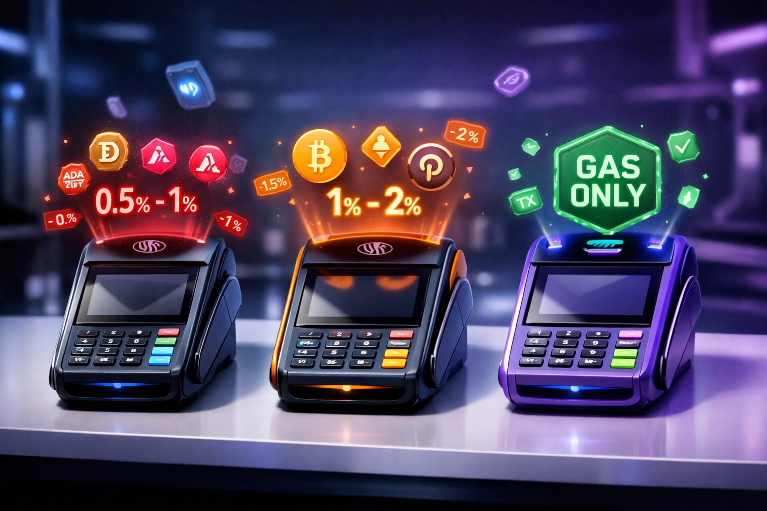 Three crypto payment terminals comparing NOWPayments, CoinPayments, and Larecoin fee structures