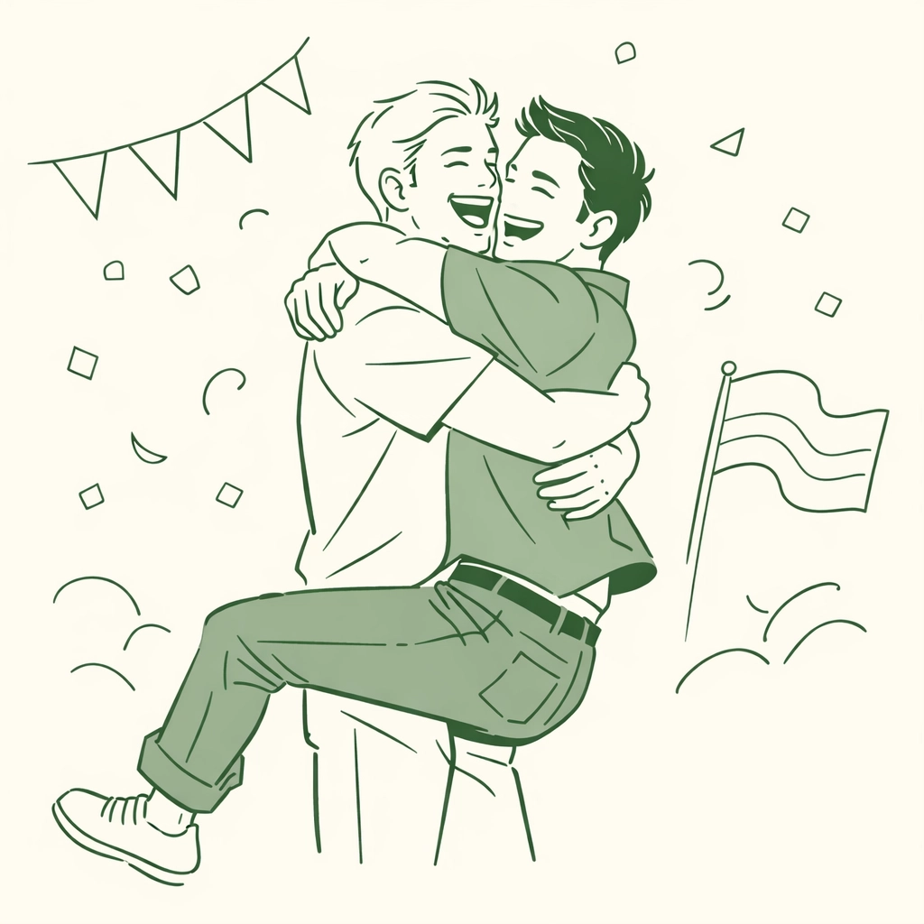 A joyful gay couple embracing and celebrating at their first Pride parade together.